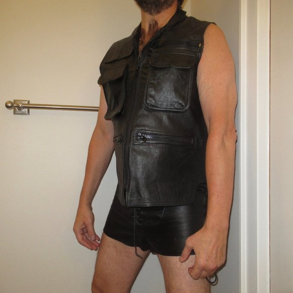 Men's NYC Tino Trevino Leather Den Black Leather Zip-Front Shirt Vest Size L - Picture 3 of 12